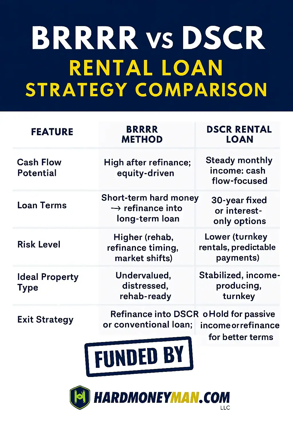 Infographic comparing BRRRR and DSCR rental loan strategies across five key features: cash flow potential, loan terms, risk level, ideal property type, and exit strategy. Designed with HardMoneyMan.com LLC branding.