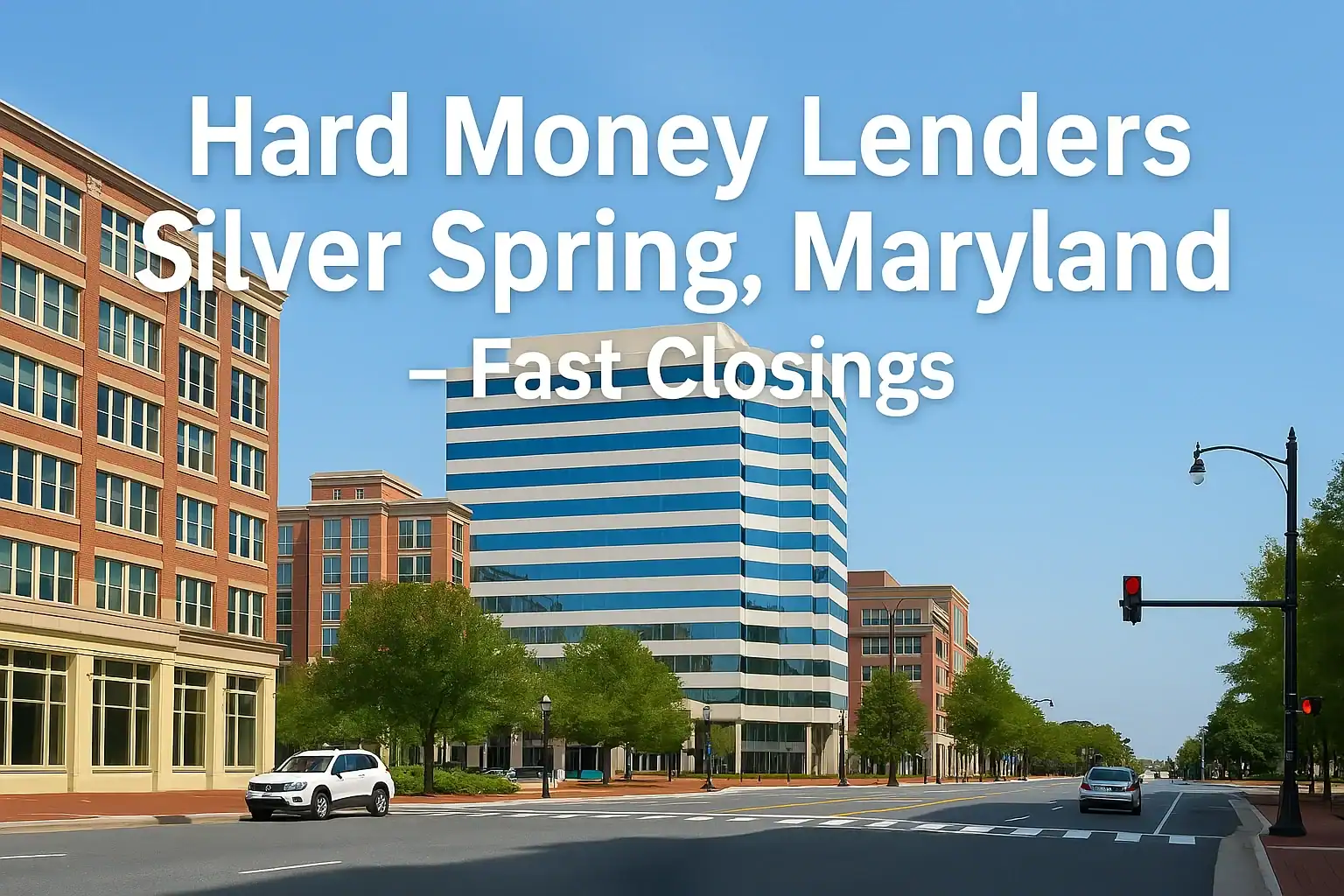 Hard Money Lenders Silver Spring, Maryland – Fast Closings streetscape showing red brick buildings, modern glass towers, cars in motion, and clear skies — capturing local investment appeal and lending speed.