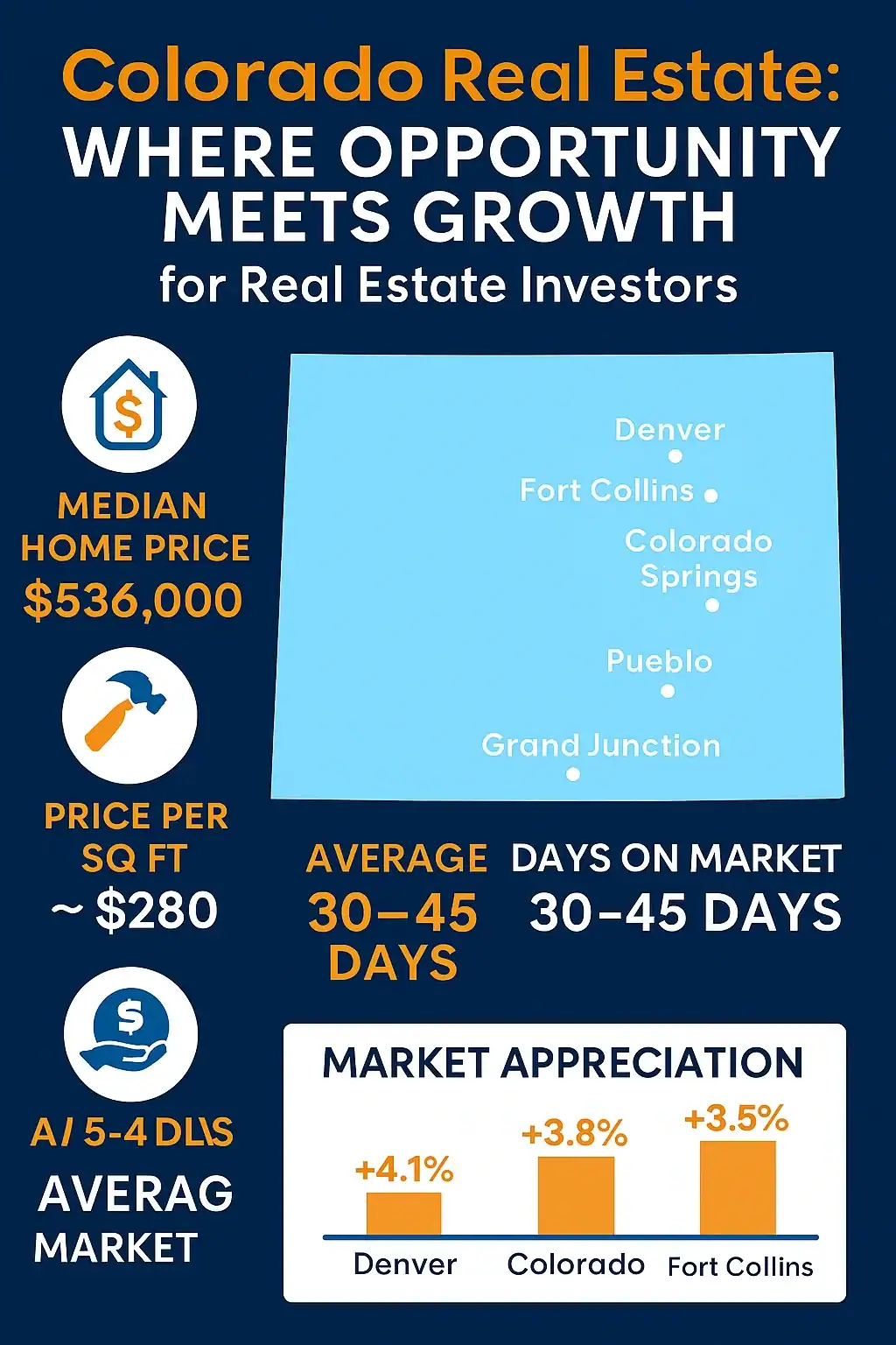 Infographic highlighting Colorado’s top investment cities—Denver, Colorado Springs, Fort Collins, Pueblo, and Grand Junction—alongside key real estate metrics including median home price, price per square foot, average days on market, and projected appreciation rates. Includes icons for flipping, building, and renting.