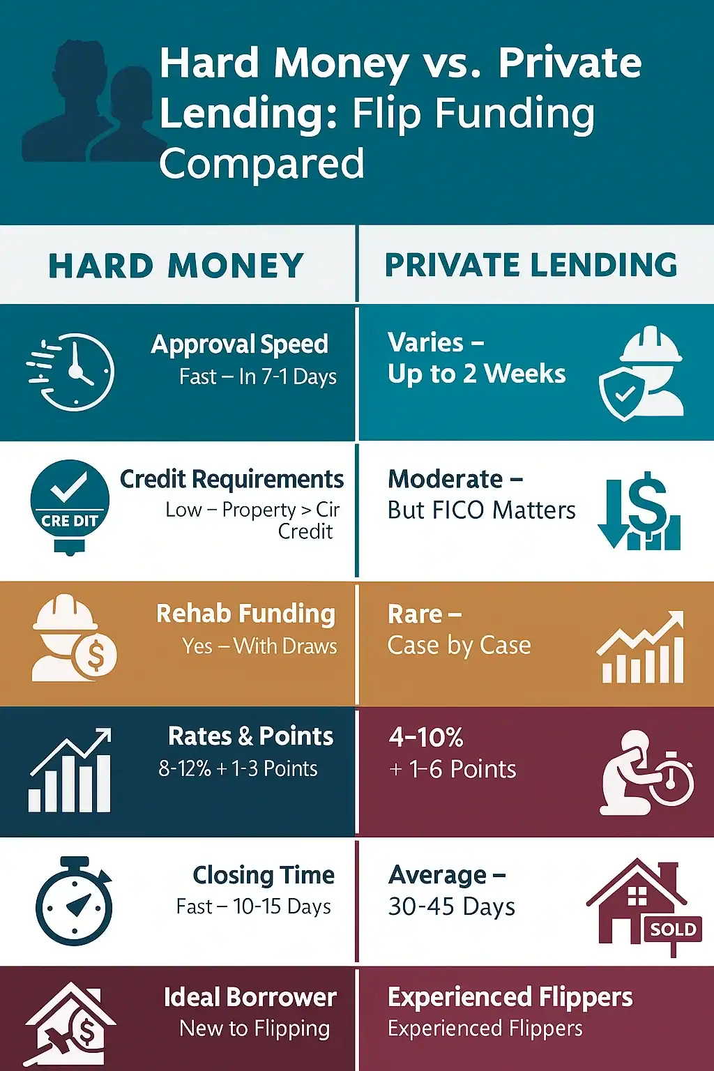 Infographic comparing hard money loans and private lenders for house flipping. Includes side-by-side breakdown of approval speed, credit requirements, rehab funding availability, interest rates, closing time, and ideal borrower profiles. Uses icons and bold headings for each category.