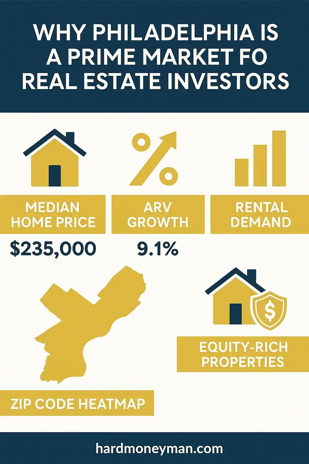 Infographic highlighting Philadelphia’s real estate investment potential, including median home price, ARV growth, rental demand, equity-rich properties, and a zip code heatmap of top-performing areas.